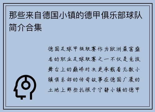 那些来自德国小镇的德甲俱乐部球队简介合集